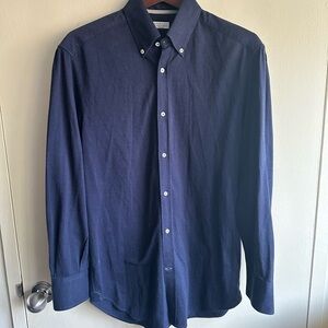 Brunello Cucinelli Navy Blue Jersey Button-Down Shirt